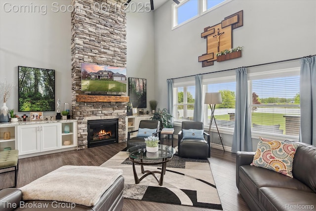 6268 Victoria Ln, Swartz Creek, MI 48473 - living area with a high ceiling, a fireplace, and wood finished floors