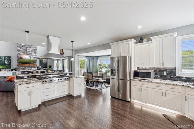 6268 Victoria Ln, Swartz Creek, MI 48473 - kitchen featuring stainless steel appliances, open floor plan, island exhaust hood, decorative backsplash, and plenty of natural light