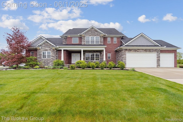 6268 Victoria Ln, Swartz Creek, MI 48473 - view of front of home with stone siding, driveway, a front yard, a garage, and a porch