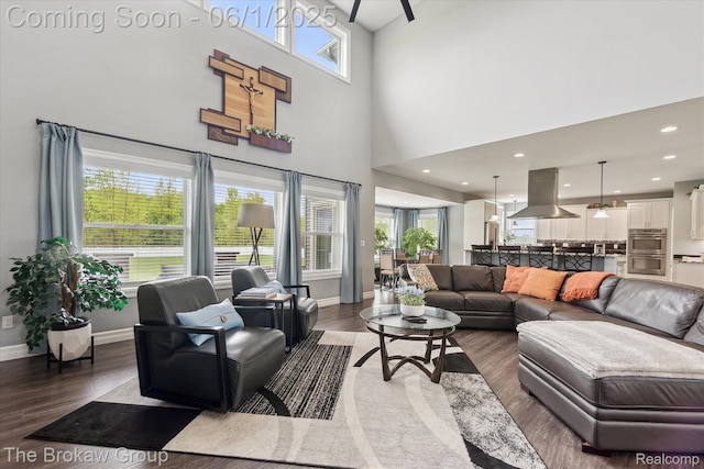 6268 Victoria Ln, Swartz Creek, MI 48473 - living area featuring healthy amount of natural light, wood finished floors, a towering ceiling, baseboards, and a ceiling fan