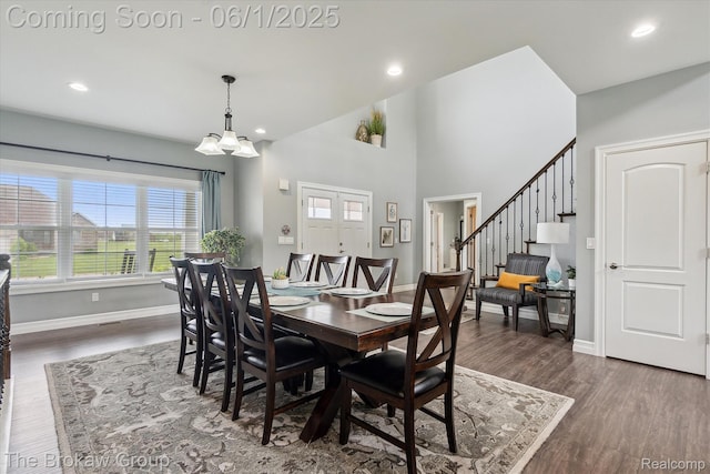 6268 Victoria Ln, Swartz Creek, MI 48473 - dining room with baseboards, a chandelier, stairs, wood finished floors, and recessed lighting