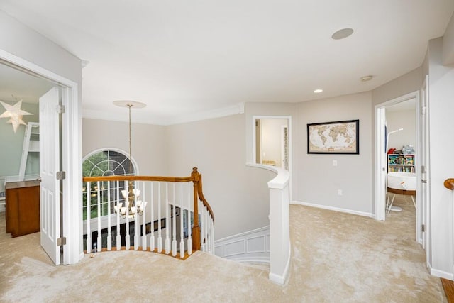50550 W Fellows Creek Ct, Plymouth, MI 48170 - hallway with an upstairs landing, carpet floors, a chandelier, and baseboards