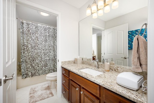50550 W Fellows Creek Ct, Plymouth, MI 48170 - bathroom featuring vanity, toilet, tile patterned floors, and shower / bath combo with shower curtain