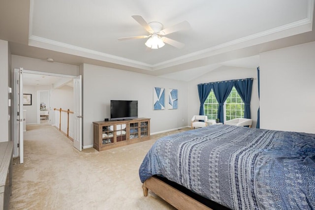 50550 W Fellows Creek Ct, Plymouth, MI 48170 - carpeted bedroom with crown molding, a tray ceiling, baseboards, and ceiling fan