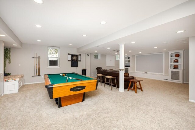 50550 W Fellows Creek Ct, Plymouth, MI 48170 - rec room featuring light carpet, billiards, recessed lighting, a dry bar, and baseboards