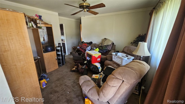 29699 Brown Ct, Garden City, MI 48135 - carpeted living room with ceiling fan and crown molding