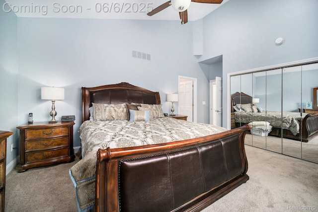 13135 Eagle Ct, South Lyon, MI 48178 - bedroom with carpet floors, high vaulted ceiling, a closet, ceiling fan, and baseboards