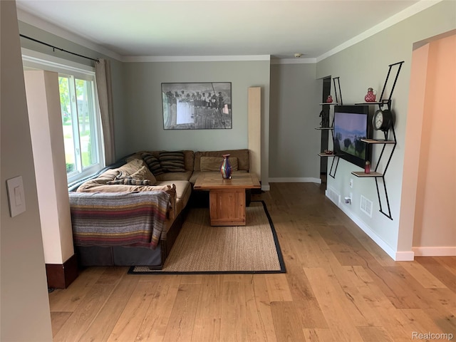 23406 Glenbrook St, Saint Clair Shores, MI 48082 - living area with light wood finished floors, baseboards, and crown molding