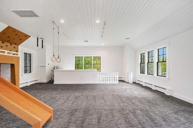 310 Lakeside Dr SE, East Grand Rapids, MI 49506 - unfurnished living room with a baseboard radiator, carpet, wooden ceiling, recessed lighting, and baseboards