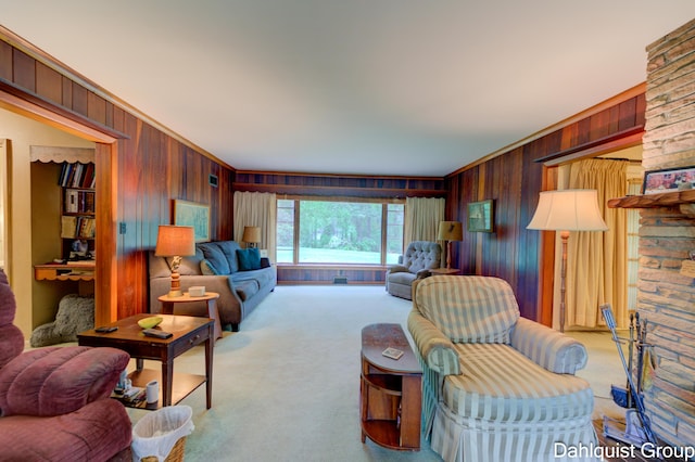 2587 Pennsylvania Ave, Muskegon, MI 49445 - living room with wood walls, carpet flooring, and ornamental molding