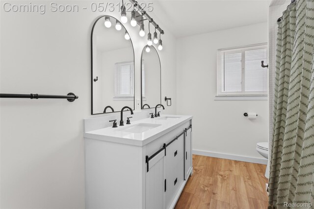 27677 Doreen St, Farmington Hills, MI 48336 - bathroom featuring double vanity, wood finished floors, toilet, baseboards, and a shower with shower curtain