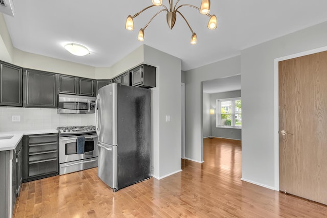 2840 Bombridge Ct, Ann Arbor, MI 48104 - kitchen with stainless steel appliances, light countertops, tasteful backsplash, a chandelier, and light wood finished floors