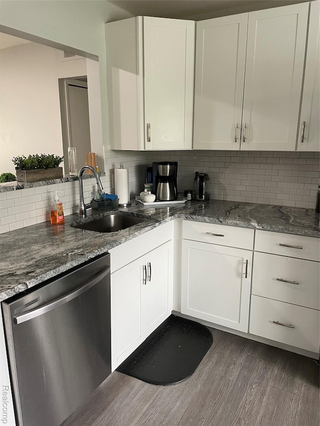 1808 Henbert, West Bloomfield, MI 48324 - kitchen with dishwasher, a sink, tasteful backsplash, white cabinetry, and dark stone countertops
