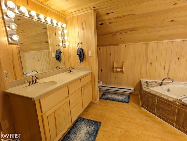 1422 Sims St, De Tour Village, MI 49725 - bathroom with a baseboard heating unit, wood walls, double vanity, a bath, and wood ceiling