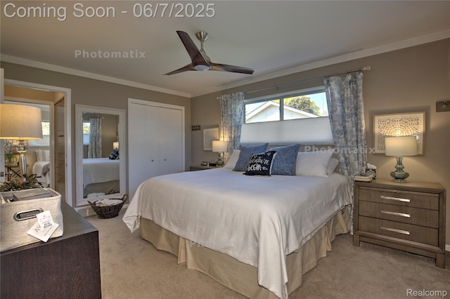 11555 Colpaert Dr, Warren, MI 48093 - bedroom featuring light carpet, crown molding, a closet, and ceiling fan