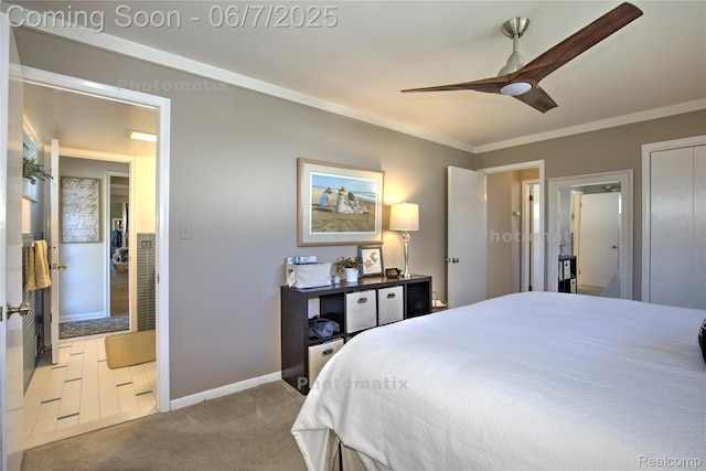 11555 Colpaert Dr, Warren, MI 48093 - bedroom with baseboards, ornamental molding, carpet floors, and a ceiling fan