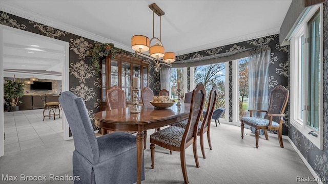 404 Shellbourne Dr, Rochester Hills, MI 48309 - dining room featuring wallpapered walls, healthy amount of natural light, crown molding, baseboards, and a chandelier