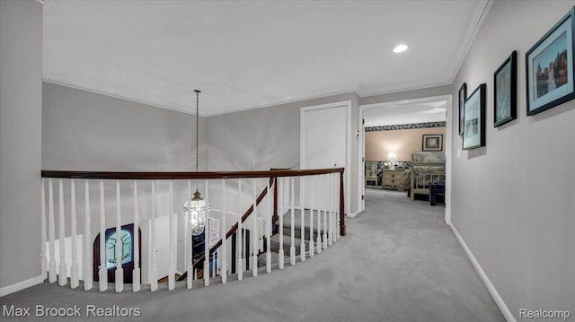 404 Shellbourne Dr, Rochester Hills, MI 48309 - hallway featuring carpet flooring, crown molding, recessed lighting, and baseboards
