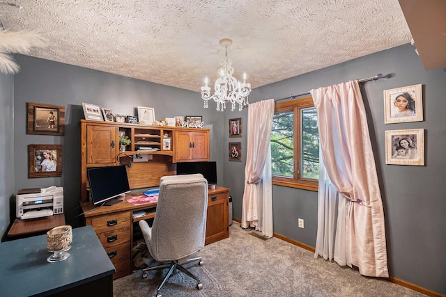 10210 Mizzen Ln, Pleasant Lake, MI 49272 - office area featuring a textured ceiling, a chandelier, light colored carpet, and baseboards