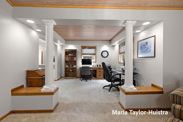 10130 64th Ave, Allendale, MI 49401 - carpeted office featuring decorative columns, wooden ceiling, baseboards, and recessed lighting