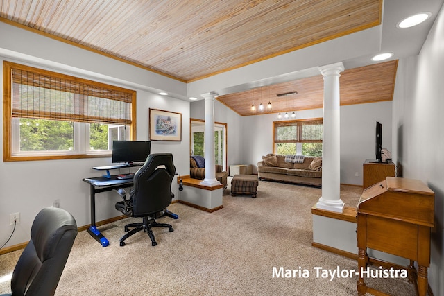10130 64th Ave, Allendale, MI 49401 - office space with ornate columns, wooden ceiling, plenty of natural light, carpet flooring, and crown molding