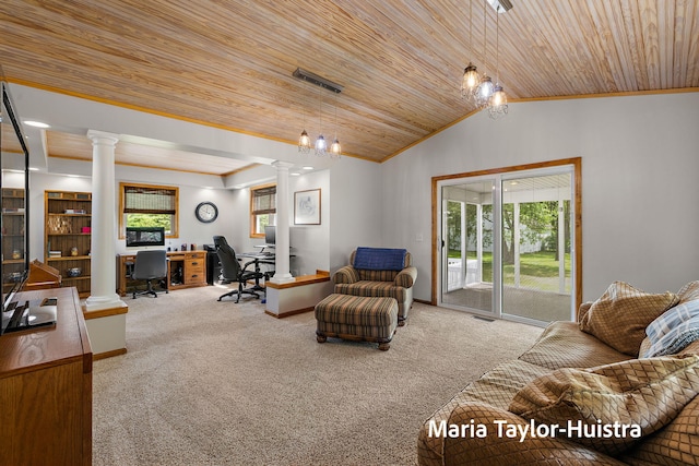 10130 64th Ave, Allendale, MI 49401 - carpeted living room featuring decorative columns, a desk, wooden ceiling, plenty of natural light, and ornamental molding