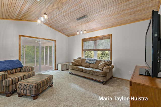 10130 64th Ave, Allendale, MI 49401 - living area featuring wood ceiling, carpet flooring, healthy amount of natural light, ornamental molding, and lofted ceiling