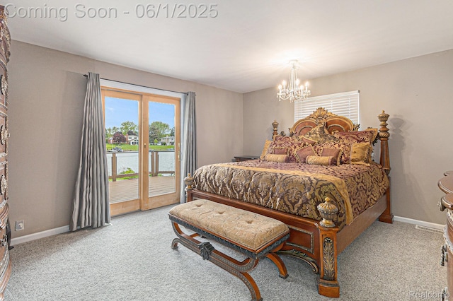 687 Sunnybeach Dr, White Lake, MI 48386 - carpeted bedroom with access to exterior, a chandelier, baseboards, and a water view