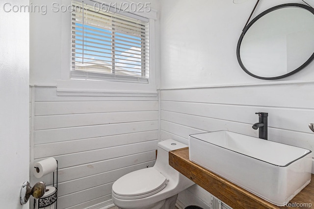 687 Sunnybeach Dr, White Lake, MI 48386 - bathroom featuring wood walls, toilet, a sink, and a wainscoted wall