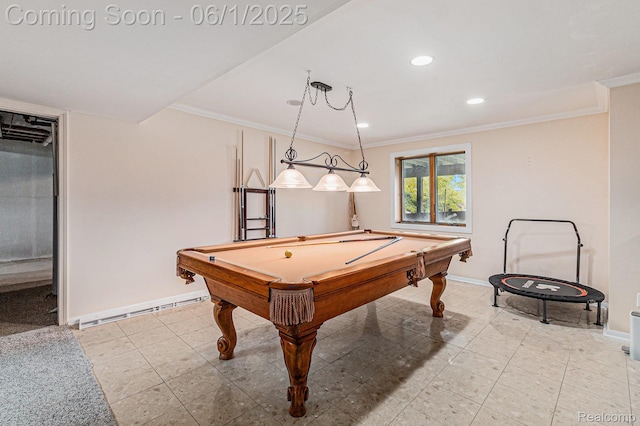 687 Sunnybeach Dr, White Lake, MI 48386 - rec room featuring baseboards, crown molding, billiards table, recessed lighting, and light tile patterned floors
