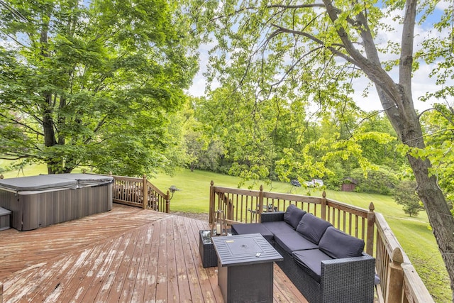 9275 M-50, Onsted, MI 49265 - wooden terrace featuring a hot tub, an outdoor hangout area, a lawn, and view of wooded area