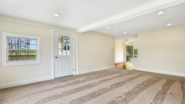 1972 W Cedar Dr, Mcbain, MI 49657 - carpeted foyer entrance featuring baseboards, a baseboard heating unit, recessed lighting, and beamed ceiling