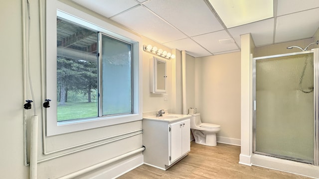 1972 W Cedar Dr, Mcbain, MI 49657 - bathroom featuring vanity, a stall shower, toilet, wood finished floors, and a paneled ceiling