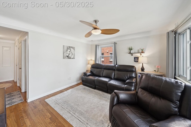 15645 Warwick Ave, Allen Park, MI 48101 - living room with ceiling fan, wood finished floors, crown molding, and baseboards