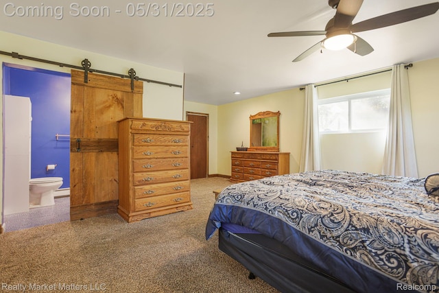 1831 Roods Lake Rd, Lapeer, MI 48446 - bedroom with a barn door, ensuite bath, baseboards, and carpet