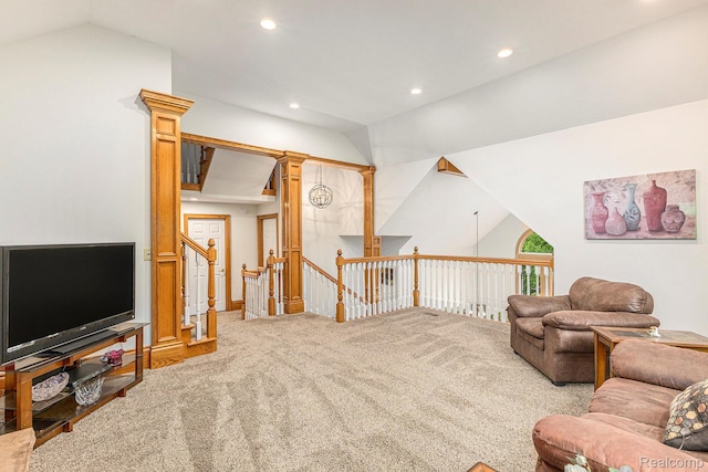 6140 Seymour Rd, Swartz Creek, MI 48473 - living area with lofted ceiling, recessed lighting, and carpet floors