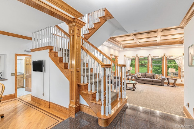 6140 Seymour Rd, Swartz Creek, MI 48473 - stairs with baseboards, granite tiled floors, ornamental molding, coffered ceiling, and beamed ceiling
