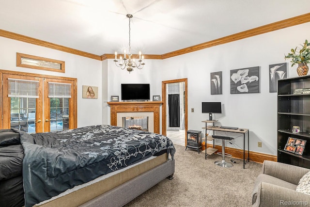 6140 Seymour Rd, Swartz Creek, MI 48473 - bedroom featuring ornamental molding, carpet flooring, a chandelier, french doors, and baseboards