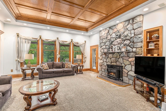 6140 Seymour Rd, Swartz Creek, MI 48473 - carpeted living area featuring wooden ceiling, baseboards, recessed lighting, and coffered ceiling