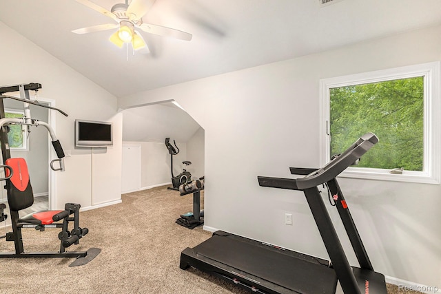 6140 Seymour Rd, Swartz Creek, MI 48473 - exercise area with lofted ceiling, carpet flooring, a ceiling fan, and baseboards