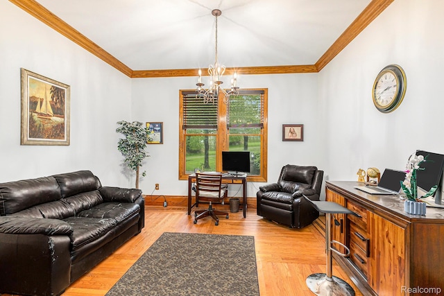 6140 Seymour Rd, Swartz Creek, MI 48473 - living area with a chandelier, ornamental molding, an office area, light wood-style flooring, and baseboards