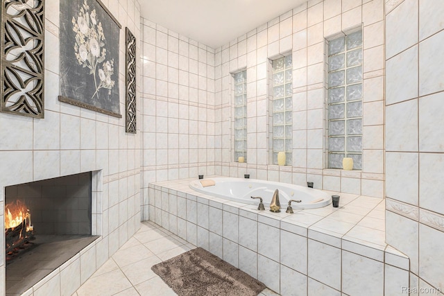 6140 Seymour Rd, Swartz Creek, MI 48473 - bathroom featuring tile walls, tile patterned flooring, and a garden tub