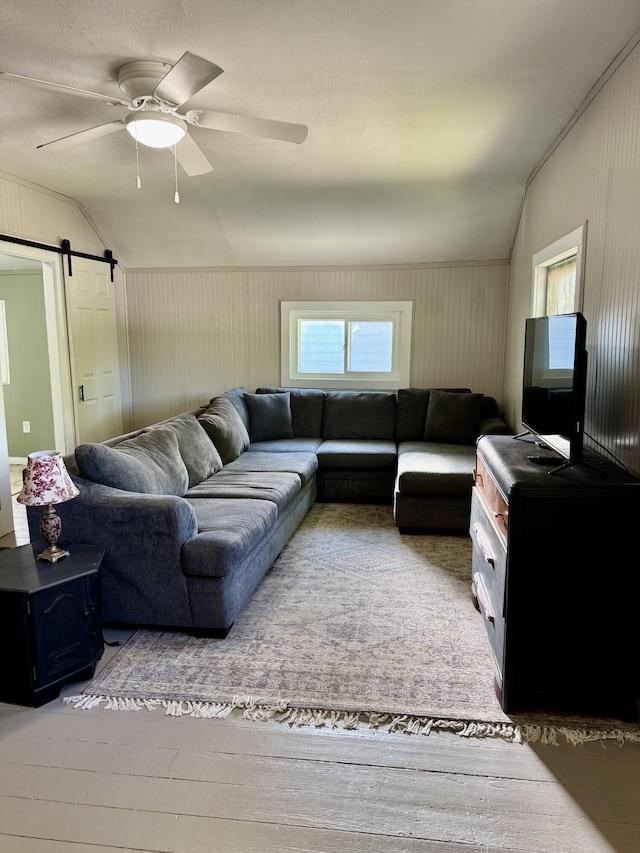 12227 Wise St, Bear Lake, MI 49614 - living room featuring lofted ceiling, a ceiling fan, and a barn door