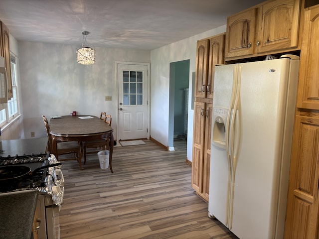 814 N Lakeview Ave, Sturgis, MI 49091 - kitchen with white refrigerator with ice dispenser, wood finished floors, hanging light fixtures, and gas range