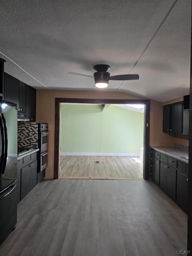 124 N Madison St, Adrian, MI 49221 - kitchen with appliances with stainless steel finishes, under cabinet range hood, light wood-style flooring, a ceiling fan, and backsplash