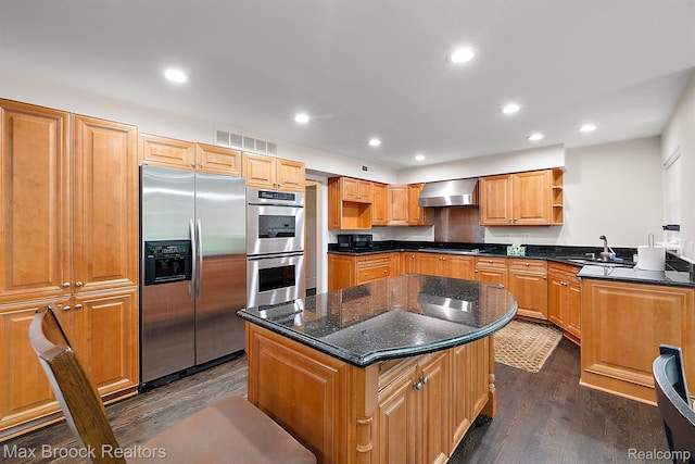 4573 Ranch Ln, Bloomfield Hills, MI 48302 - kitchen featuring appliances with stainless steel finishes, wall chimney exhaust hood, open shelves, a sink, and dark wood finished floors