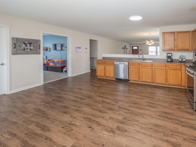 3247 Edling Dr, Kalamazoo, MI 49004 - kitchen with appliances with stainless steel finishes, a sink, a peninsula, and dark wood-type flooring