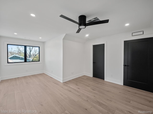 667 Oak Ave, Birmingham, MI 48009 - unfurnished bedroom with light wood-type flooring, recessed lighting, baseboards, and ceiling fan