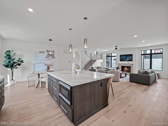 667 Oak Ave, Birmingham, MI 48009 - kitchen with stainless steel microwave, light wood-style flooring, dark brown cabinetry, a warm lit fireplace, and plenty of natural light