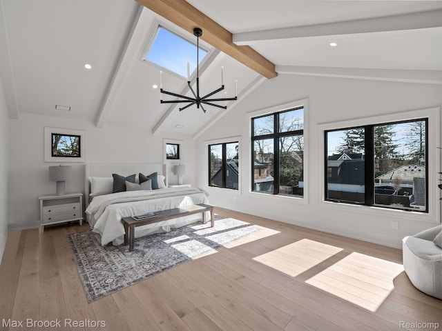 667 Oak Ave, Birmingham, MI 48009 - bedroom featuring beamed ceiling, multiple windows, wood finished floors, high vaulted ceiling, and baseboards